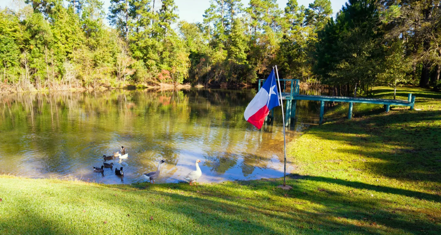 Tree-lined lake and dock at Twin Lakes
